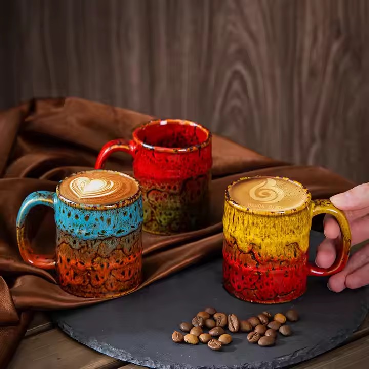 Dishwasher Safe Creative Oil Drum Shape Kiln Colour Ceramic Coffee Mug Tea Cups Mini Italian Cappuccino Espresso Coffee Cup Set